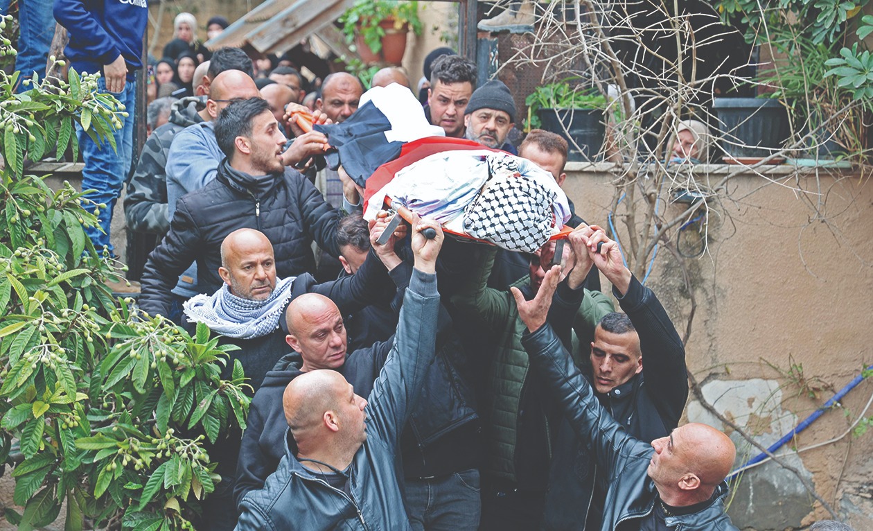 JENIN: Mourners carry the body of Palestinian teenager Mohammed Abu Salah, who was killed after Zionist forces entered the village of Silat al-Harithiya, during his funeral yesterday. - AFP