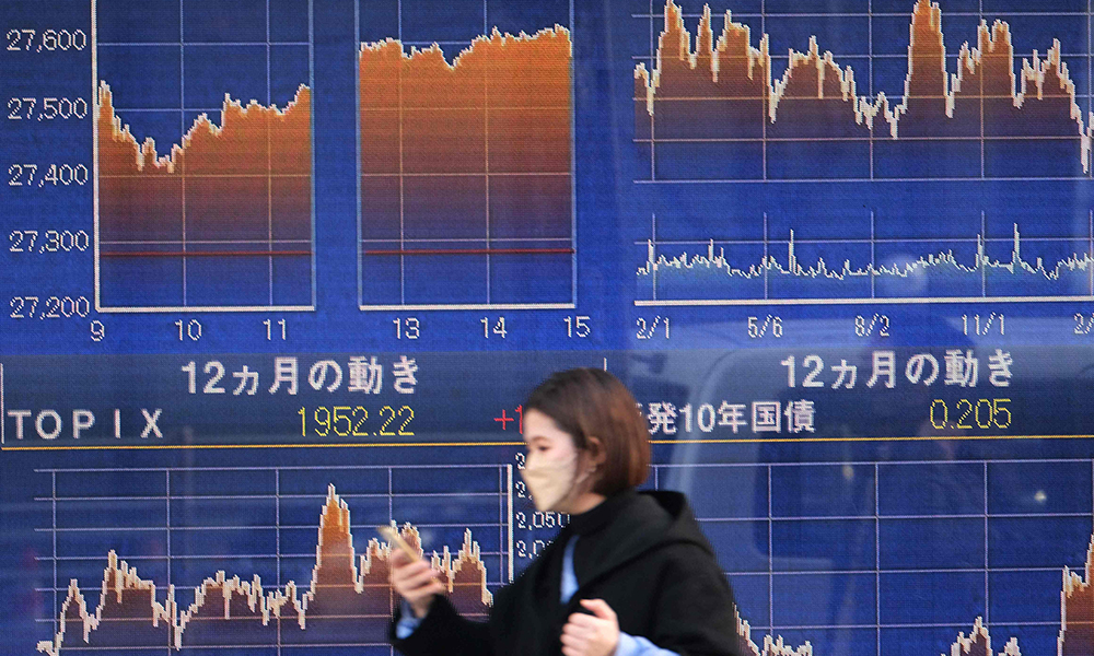 TOKYO: A pedestrian walks past an electronic chart displaying today’s movement of share price (top, left) of the Tokyo Stock Exchange and movement of the past 12 months. — AFP