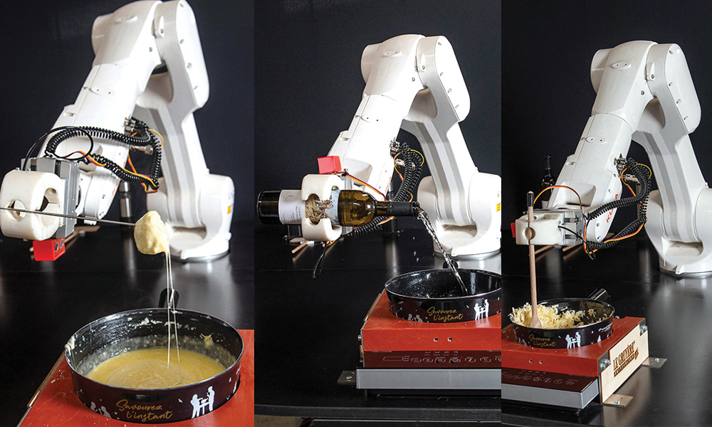 This picture shows a robot built by the start-up Workshop 4.0 cooking a Swiss fondue in Sierre.