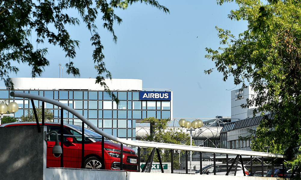 TOULOUSE, France: This file photo taken on June 30, 2020 shows the Airbus logo on a building at the company headquarters in Blagnac, southern France.— AFP