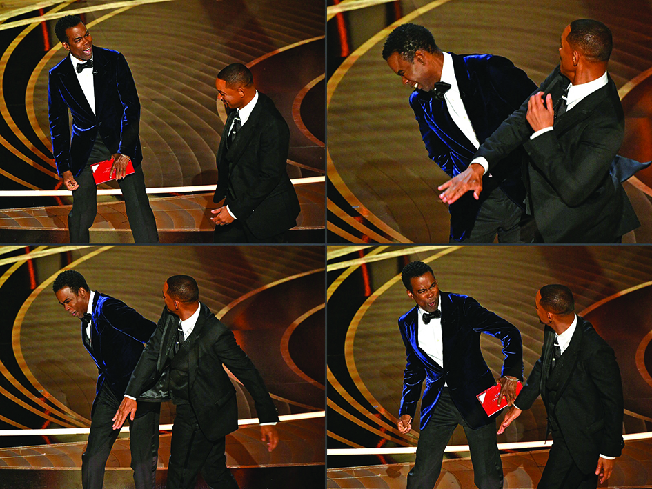 This combination of pictures shows US actor Will Smith (right) approaches US actor Chris Rock, and slaps him onstage, during the 94th Oscars at the Dolby Theatre in Hollywood, California.—AFP  