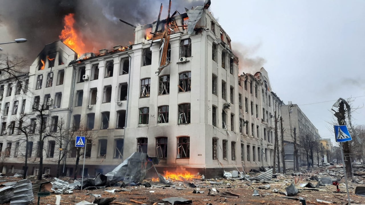 KHARKIV: Firefighters extinguish a fire in the Kharkiv’s regional police department building, which was hit by recent shelling yesterday. - AFP