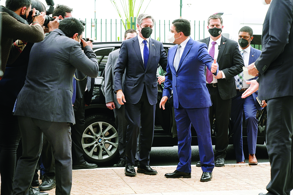 RABAT: US Secretary of State Antony Blinken (C-L) is received by Morocco's Foreign Minister Nasser Bourita (C-R) at the foreign ministry headquarters in the capital Rabat on March 29, 2022. - AFP
