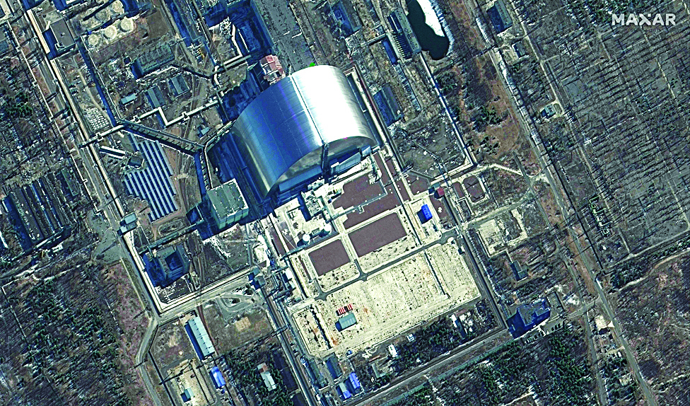 This Maxar satellite image taken and released on March 10, 2022 shows a close-up view of the Chernobyl Nuclear Power Plant in Pripyat, Ukraine. - AFPn