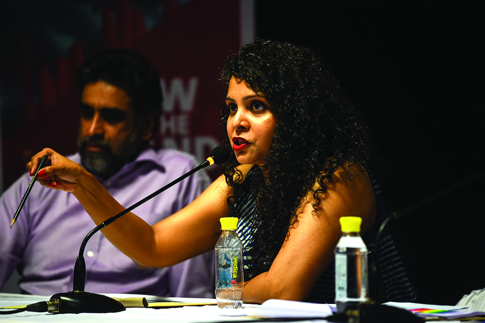 NEW DELHI: File photo taken on May 27, 2016, Indian journalist and author, Rana Ayyub speaks during the launch of her self published book 'Gujarat Files' in New Delhi. – AFP