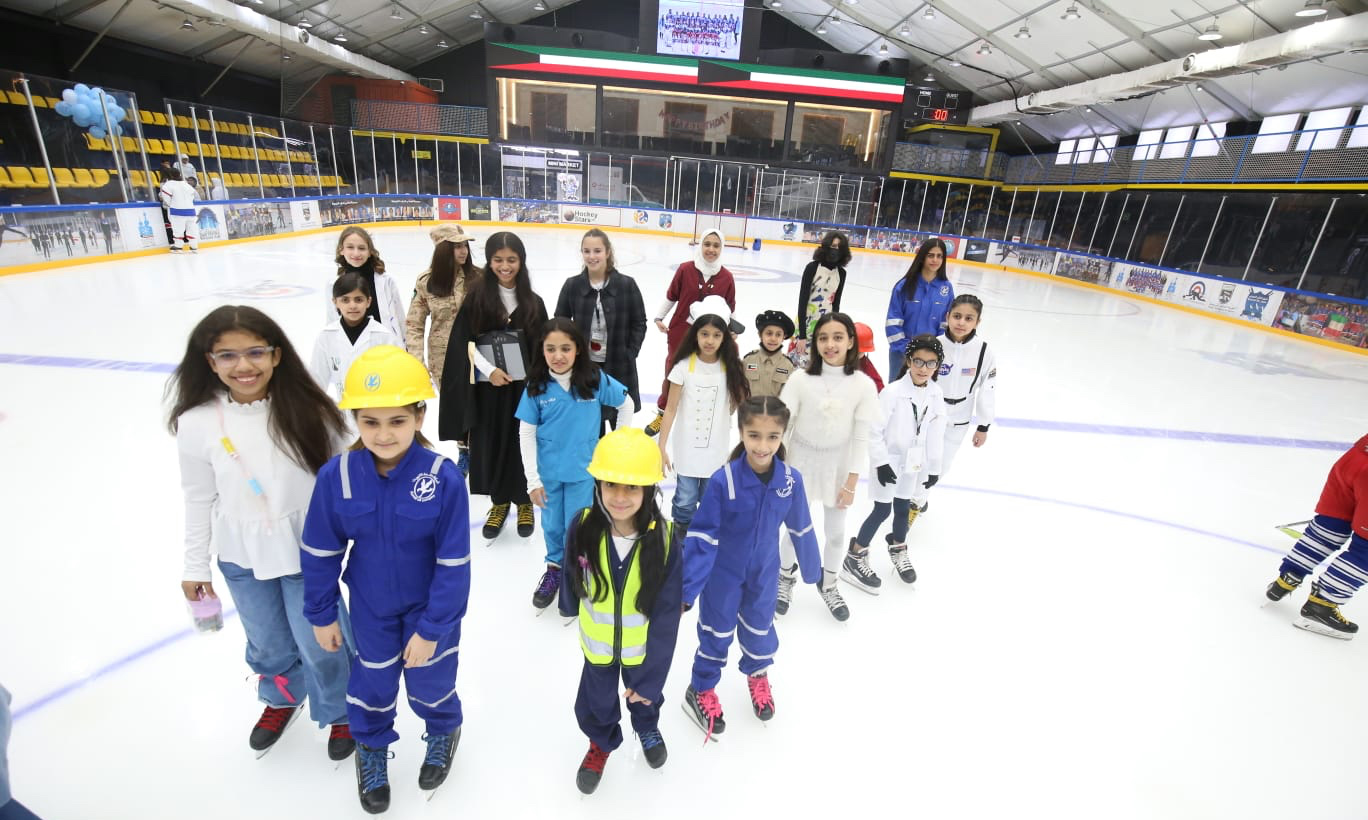 KUWAIT: Members of Al-Fatat hockey team participate in an event organized in cooperation with the IIHF marking the International Women's Day, wearing attire representing jobs taken by Kuwaiti women, at the Kuwait Winter Games Club in Kuwait City on March 8, 2022. – Photo by Yasser Al-Zayyatnn