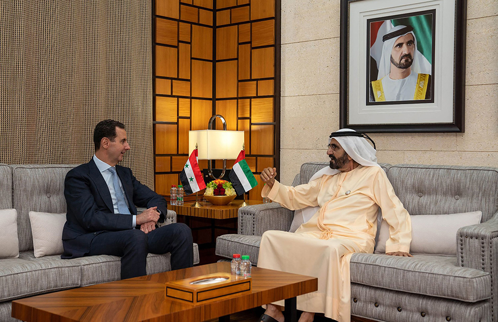 DUBAI: Syrian President Bashar Al-Assad meets UAE's Vice President and Prime Minister and Dubai Ruler Sheikh Mohammed bin Rashid Al-Maktoum on March 18, 2022. – AFP