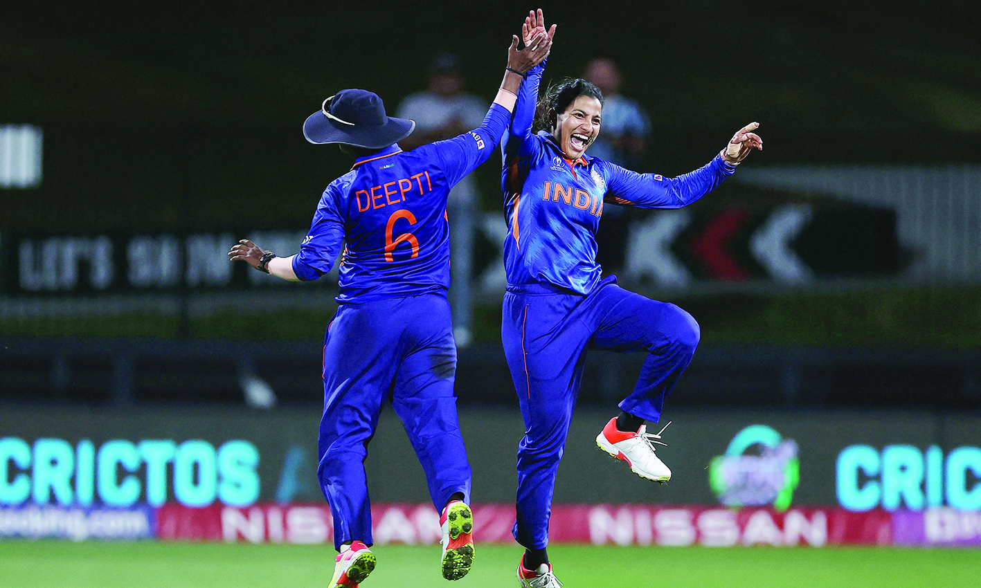 HAMILTON: India's Sneh Rana (right) and Deepti Sharma celebrate the victory during the 2022 Women's Cricket World Cup match between West Indies and India at Seddon Park in Hamilton yesterday. - AFPn