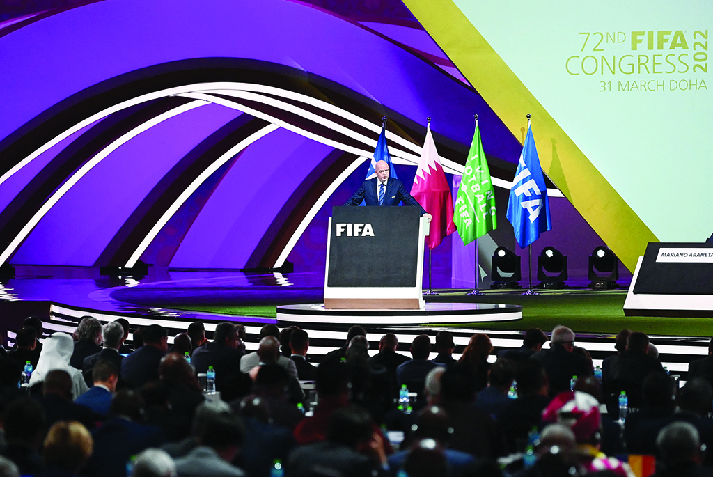 DOHA: FIFA President Gianni Infantino delivers a speech during the 72nd FIFA Congress in the Qatari capital on March 31, 2022. - AFP