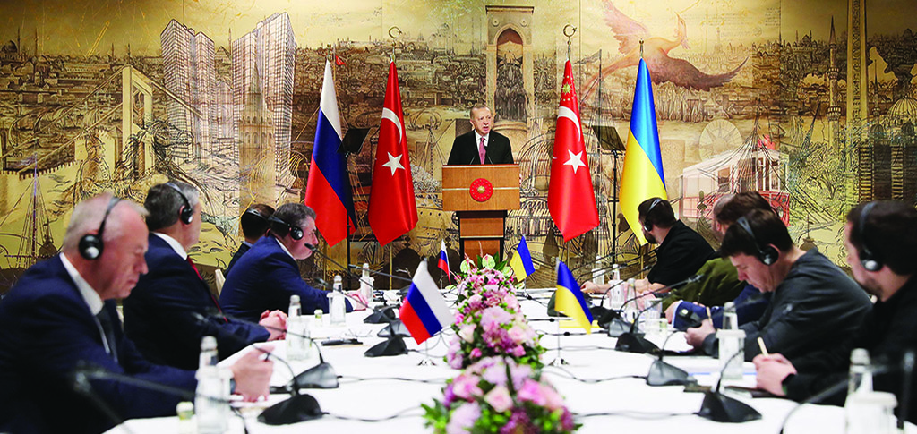 ISTANBUL: Turkish President Recep Tayyip Erdogan opens the Ukrainian-Russian talks on March 29, 2022. - AFP