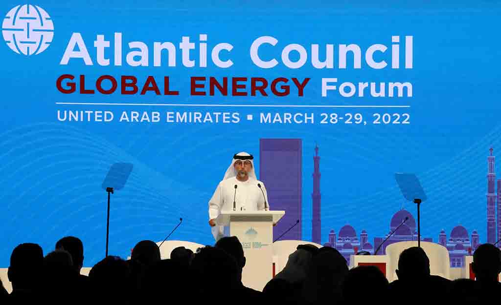 DUBAI: Minister of Energy and Infrastructure of the UAE Suhail Al-Mazrouei speaks during the Atlantic Council's Global Energy Forum on March 28, 2022. - AFP