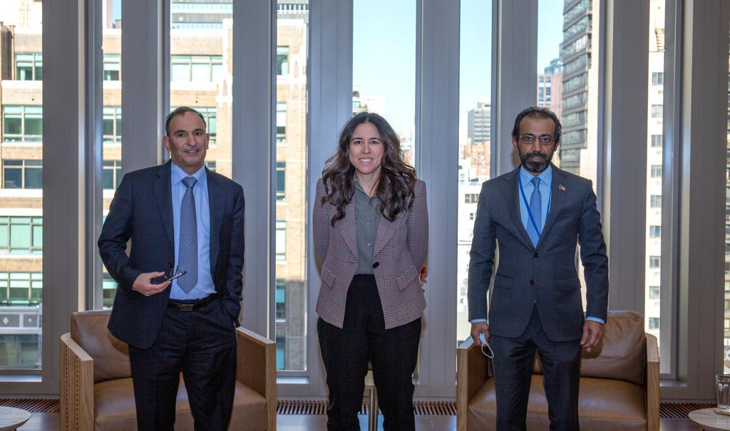 NEW YORK: Kuwaiti MP Dr Obaid Al-Mutairi (right) with UNSC President Lana Nusseibeh and Kuwait's Permanent Representative to the UN Mansour Al-Otaibi. - KUNAn