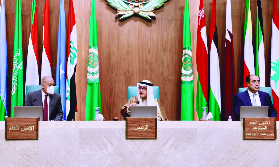 CAIRO: Kuwait's Foreign Minister Sheikh Dr Ahmad Nasser Al-Mohammad Al-Sabah (center) chairs the 157th session of the Arab League Ministerial Council in Cairo, Egypt yesterday. - KUNAn