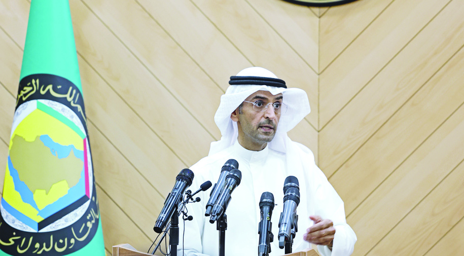 Nayef Falah Al-Hajraf, Secretary General of the Cooperation Council for the Arab States of the Gulf (GCC), speaks during a press conference in the Saudi capital Riyadh on March 17, 2022. Gulf Arab countries are seeking to host rare talks between Yemen’s warring parties, including the Iran-backed Houthi rebels, in Riyadh at the end of the month, officials said. - AFPn