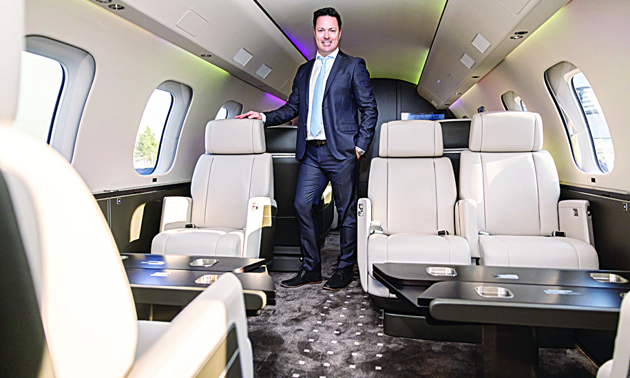 GENEVA: VistaJet President Europe Philippe Scalabrini poses inside a Bombardier Global 7500 business jet during a presentation at Geneva airport on March 3, 2022. – AFP n