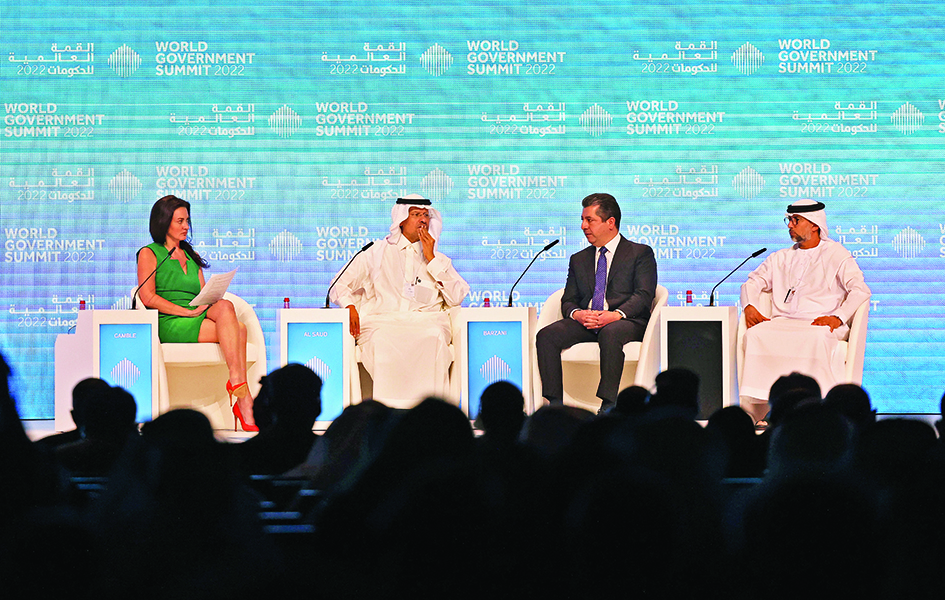 DUBAI: (left to right) CNBC’s anchor and session moderator Hadley Gamble, Saudi Arabia’s Energy Minister Prince Abdulaziz bin Salman Al-Saud, Iraqi Kurdistan Regional Government Premier Masrour Barzani, and the UAE’s Energy and Infrastructure Minister Suhail bin Mohamed Al-Mazrouei attend a plenary session titled “Is the World Ready for A Future Beyond Oil?” at the World Government Summit in Dubai on March 29, 2022.  – AFP