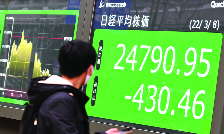 TOKYO: A pedestrian walks past an electronic share price board showing the closing numbers on the Tokyo Stock Exchange in Tokyo yesterday with the index dipping below the 25,000 line for the first time in 16 months.—AFPn