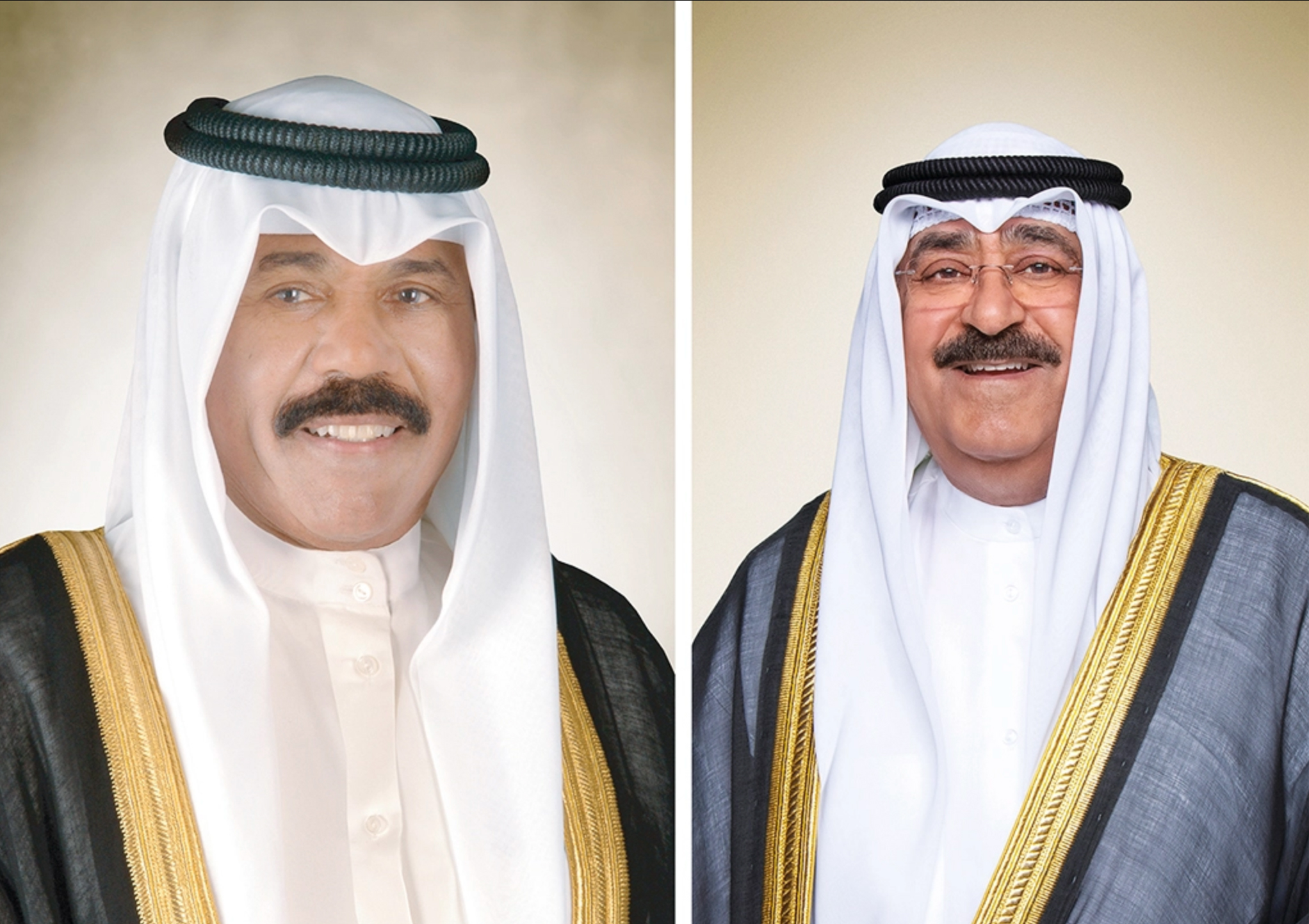 His Highness the Amir Sheikh Nawaf Al-Ahmad Al-Jaber Al-Sabah and His Highness the Crown Prince Sheikh Mishal Al-Ahmad Al-Jaber Al-Sabah.