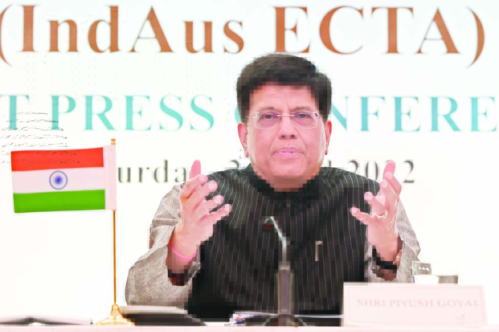 NEW DELHI: India's Commerce Minister Piyush Goyal addresses a press conference after taking part in the virtual signing ceremony of the India-Australia economic cooperation and trade agreement with Australian Trade Minister Dan Tehan, in New Delhi on April 2, 2022.-AFP