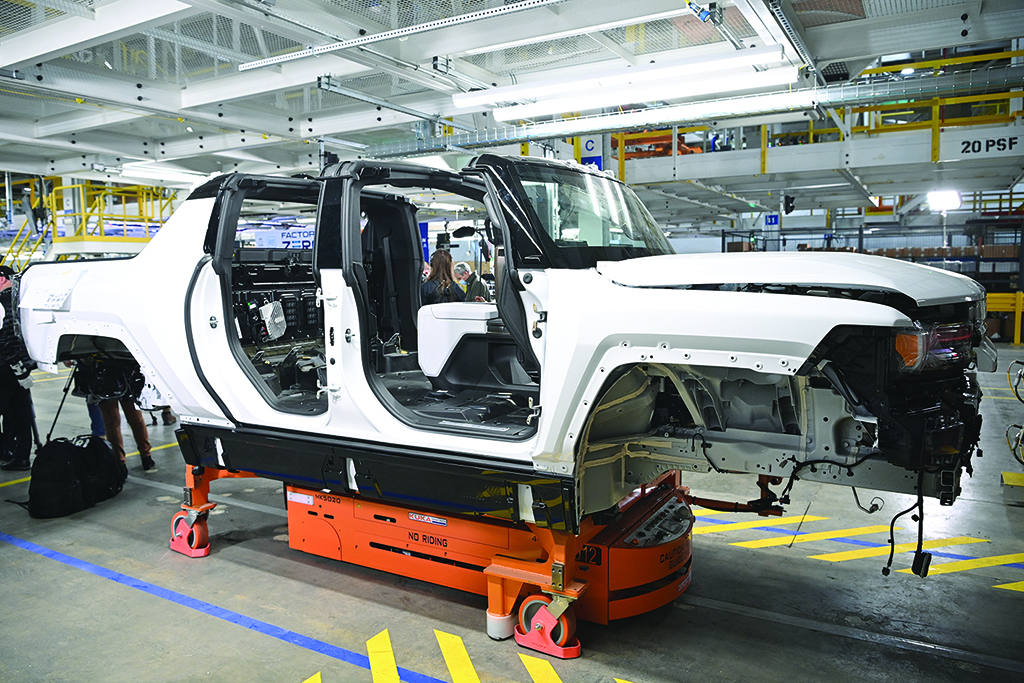 DETROIT: In this file photo, a GMC Hummer EV on an assembly line at the General Motors Factory ZERO electric vehicle assembly plant in Detroit, Michigan. - AFP