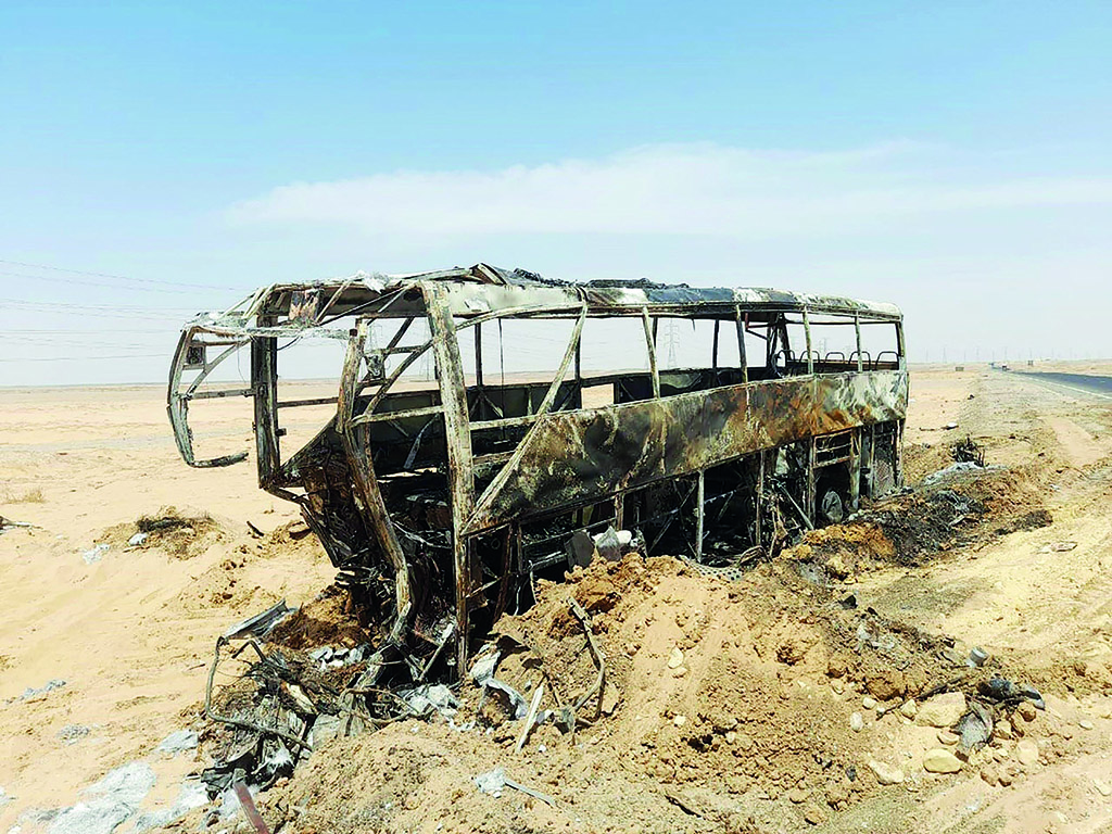 ASWAN: A picture shows the scene of a bus accident which occurred in early hours of April 13, 2022 when the vehicle collided with a car as it was transporting tourists on a road between Aswan and the famed Abu Simbel temple further south. - AFP