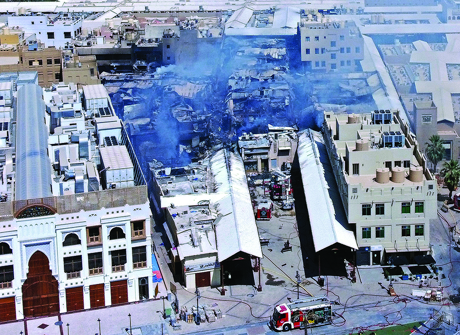 An aerial view shows fire trucks deployed around Souq Mubarakiya in Kuwait City on April 1, 2022, a day after a massive fire gutted the heritage market. (Photo by YASSER AL-ZAYYAT / AFP)