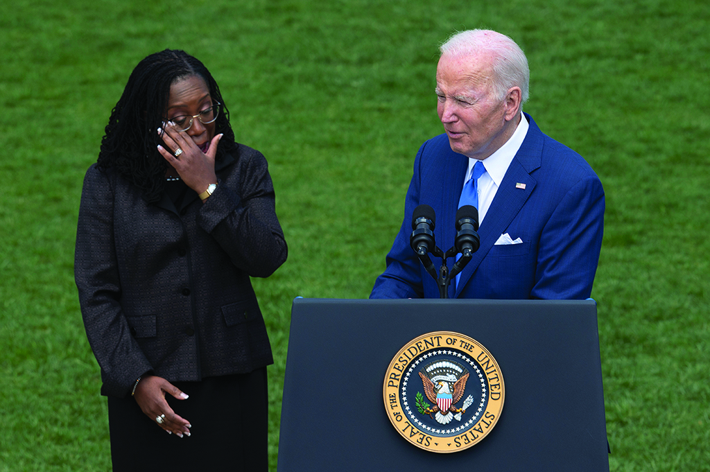WASHINGTON: US President Joe Biden speaks as Judge Ketanji Brown Jackson gets emotional at an event celebrating her confirmation to the US Supreme Court on the South Lawn of the White House in Washington, DC, on April 08, 2022. - AFP