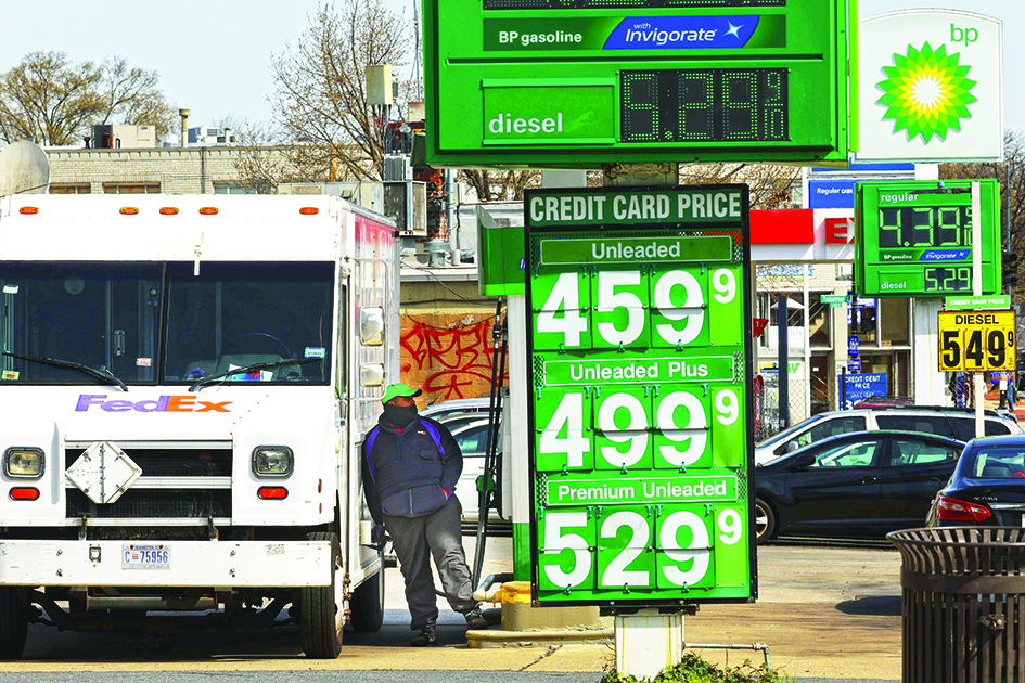 WASHINGTON: Gasoline prices hover around $4.00 a gallon for the least expensive grade at several gas stations in the nation's capital on April 11, 2022. – AFP  