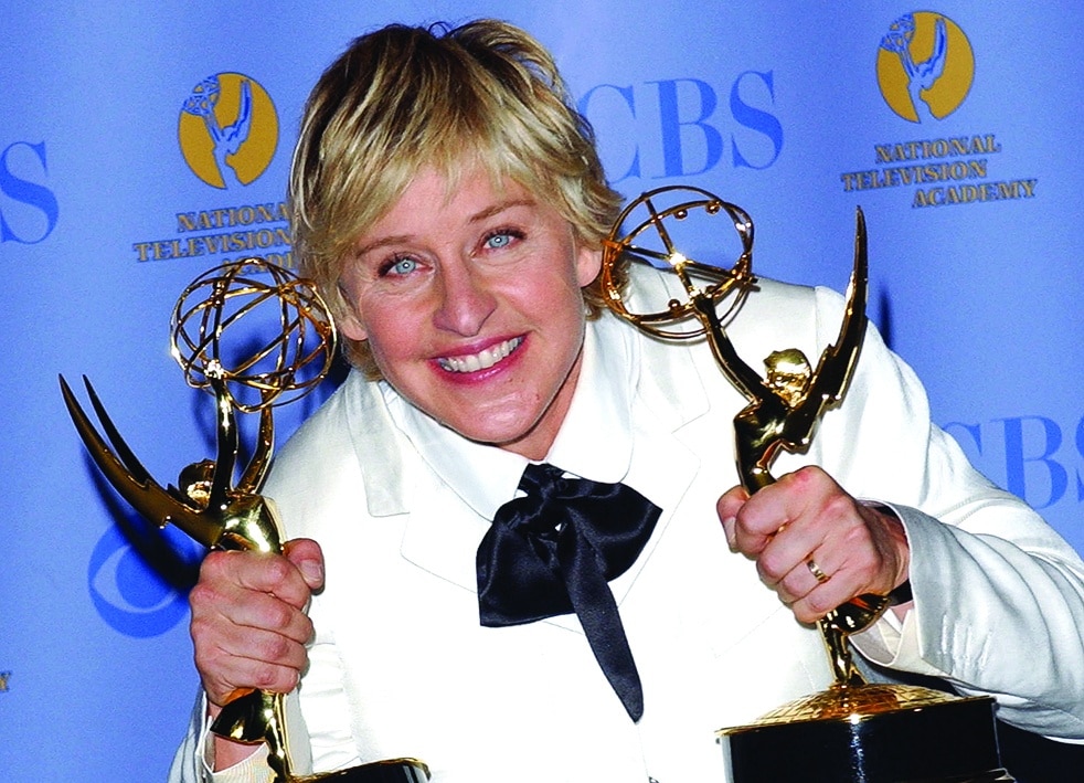In this file photo TV host Ellen DeGeneres holds her awards for Outstanding Show and Outstanding Talk Show Host during the 34th annual Daytime Entertainment Emmy awards held the Kodak theatre in Hollywood.—AFP photos