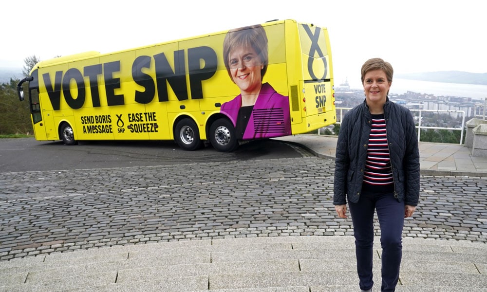 DUNDEE: In this file photo taken on April 15, 2022 Scotland's First Minister Nicola Sturgeon is pictured at Dundee Law in Dundee at the launch for the Scottish National Party's (SNP's) campaign bus, ahead of the local elections. Local elections for councils and cities will be held in England, Scotland and Wales on Thursday, and polls for the devolved Northern Ireland Assembly in Belfast. – AFP