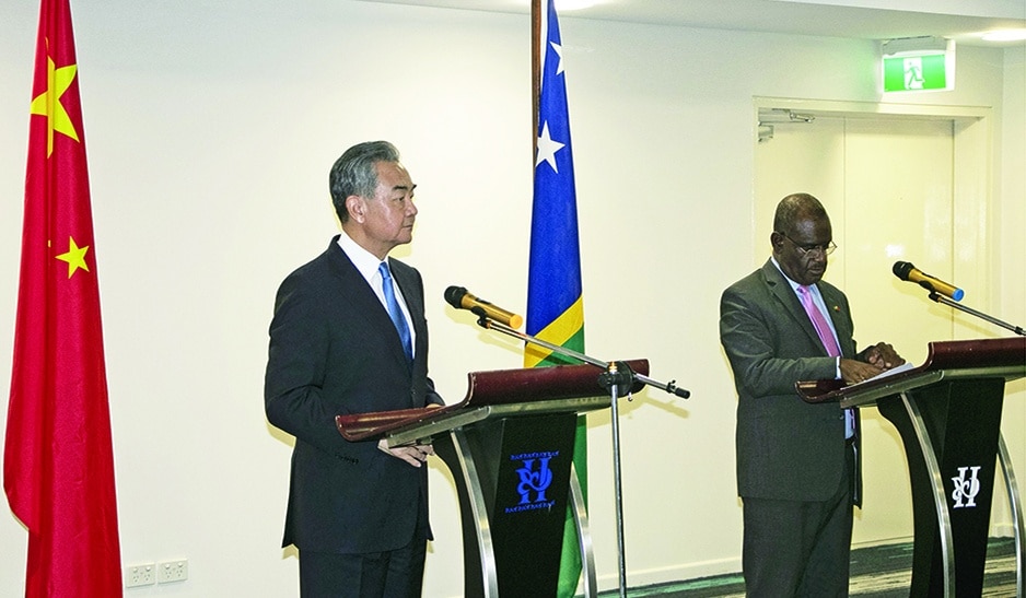 HONIARA, Solomon Islands: Chinese Foreign Minister Wang Yi (L) and his counterpart Solomon Islands' Jeremiah Manele (R) attend a press conference in Honiara on May 26, 2022. – AFP