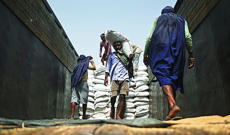 KHANNA, India: Workers carry sacks of wheat to load on a freight train at Chawa Pail railway station in Khanna, Punjab state. – AFP