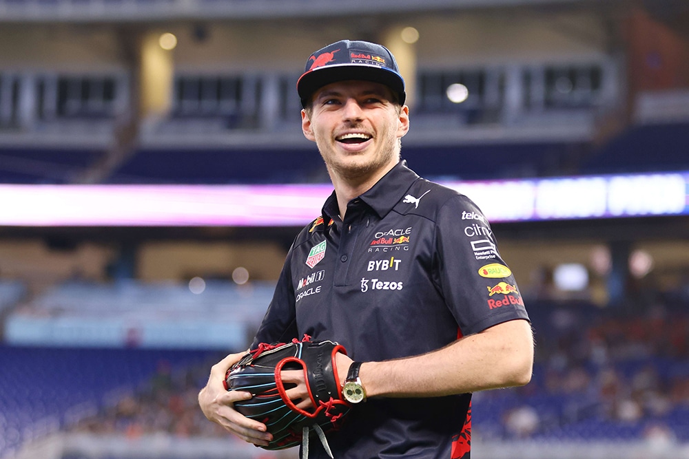MIAMI: F1 driver Max Verstappen of the Netherlands and Oracle Red Bull Racing laughs prior to the game between the Miami Marlins and the Arizona Diamondbacks at loanDepot park on May 04, 2022 in Miami, Florida. - AFP
