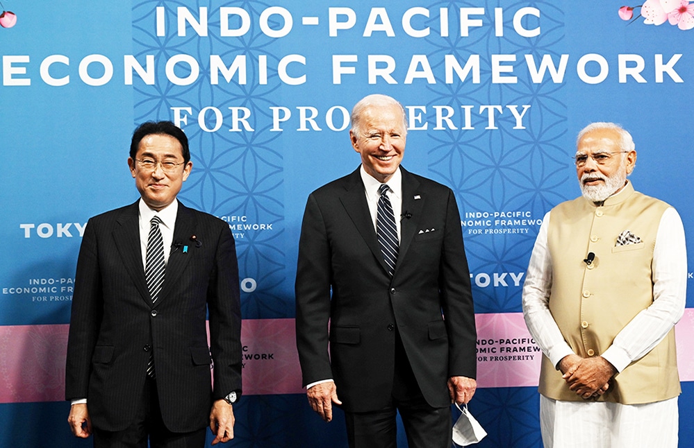 TOKYO: (From left to right) Japan's Prime Minister Fumio Kishida, US President Joe Biden, and India's Prime Minister Narendra Modi attend the Indo-Pacific Economic Framework for Prosperity at the Izumi Garden Gallery in Tokyo on May 23, 2022. - AFP