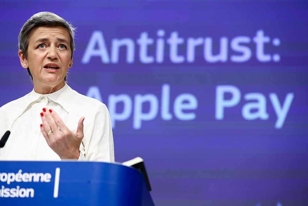 BRUSSELS: European Commission vice-president Margrethe Vestager gives a press conference on EU objections sent to Apple over practices regarding Apple Pay, at the EU headquarters in Brussels on May 2, 2022. –AFP