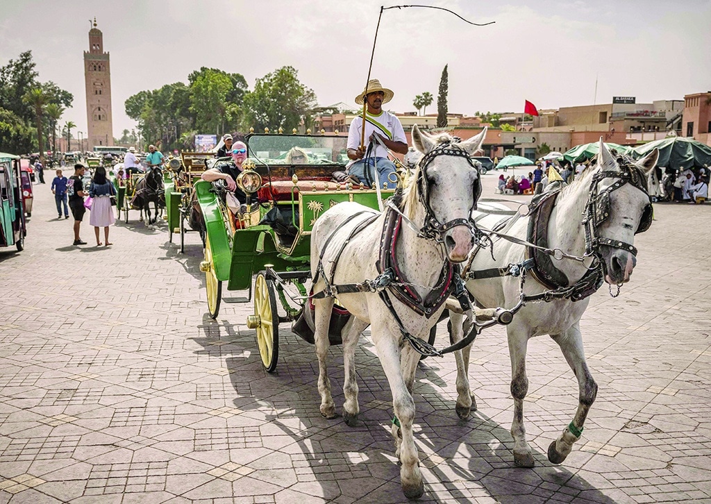 MARRAKESH: Tourists ride in a horse-drawn carriage in Jemaa el-Fnaa square in Morocco's Marrakesh.- AFP