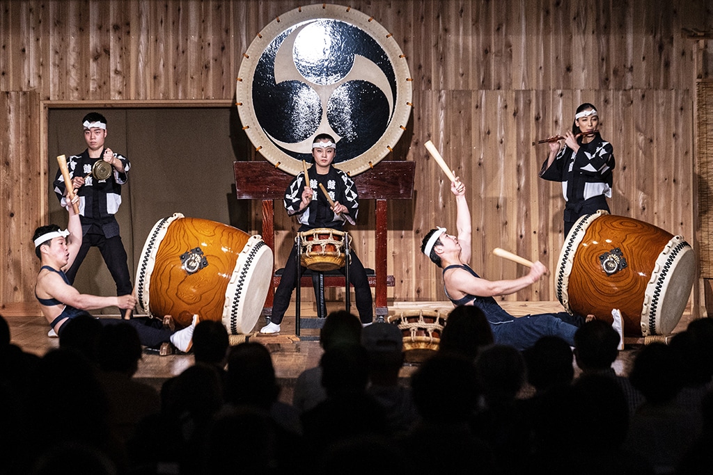 This photo taken on May 7, 2022 shows Japanese taiko drum performers, including Hana Ogawa (center), of the Kodo troupe taking part in a performance on Sado island. – AFP photos