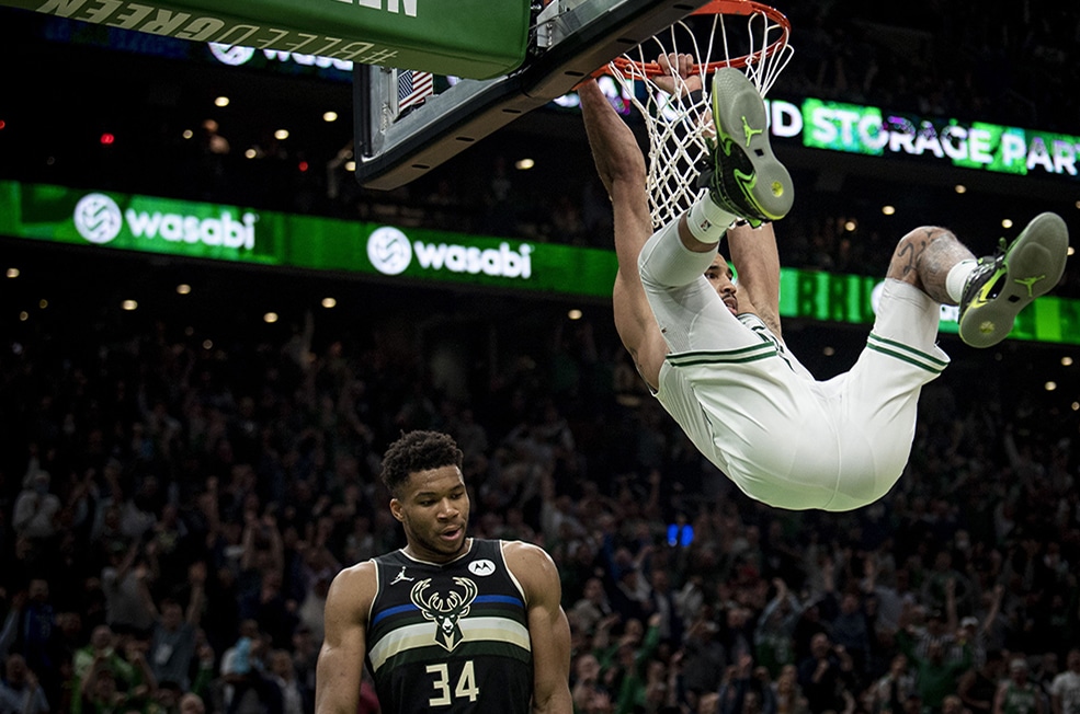 BOSTON: Jayson Tatum of the Boston Celtics dunks the ball during the first half of Game Five of the Eastern Conference semifinals against the Milwaukee Bucks at TD Garden on May 11, 2022. - AFP