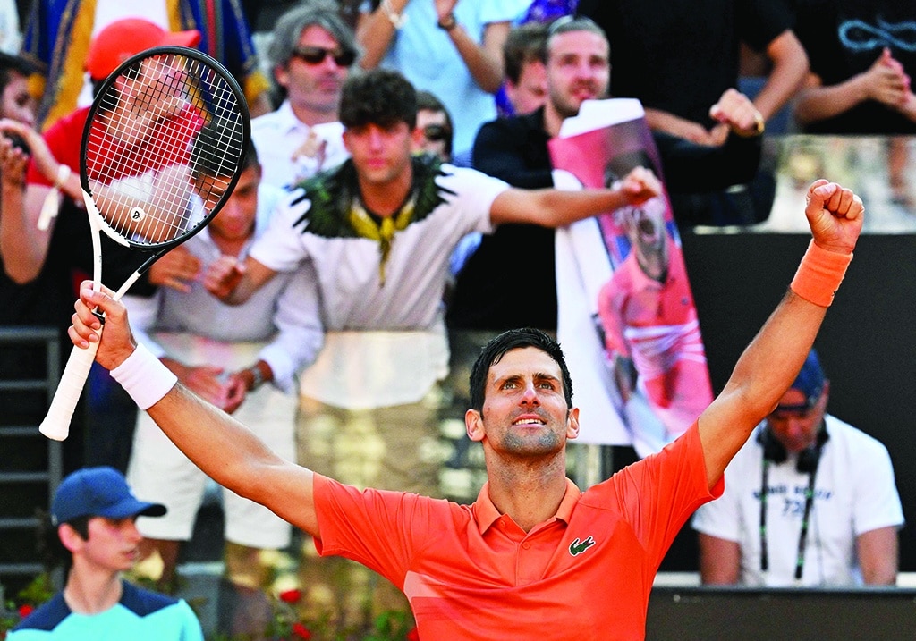 ROME: Serbia's Novak Djokovic celebrates after winning the final match of the Men's ATP Rome Open tennis tournament against Greece's Stefanos Tsitsipas at Foro Italico.- AFP