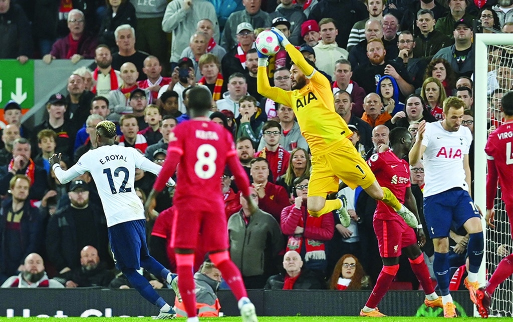 LIVERPOOL: Tottenham Hotspur's French goalkeeper Hugo Lloris catches the ball during the English Premier League football match between Liverpool and Tottenham Hotspur at Anfield in Liverpool, north west England on May 7, 2022. - AFP