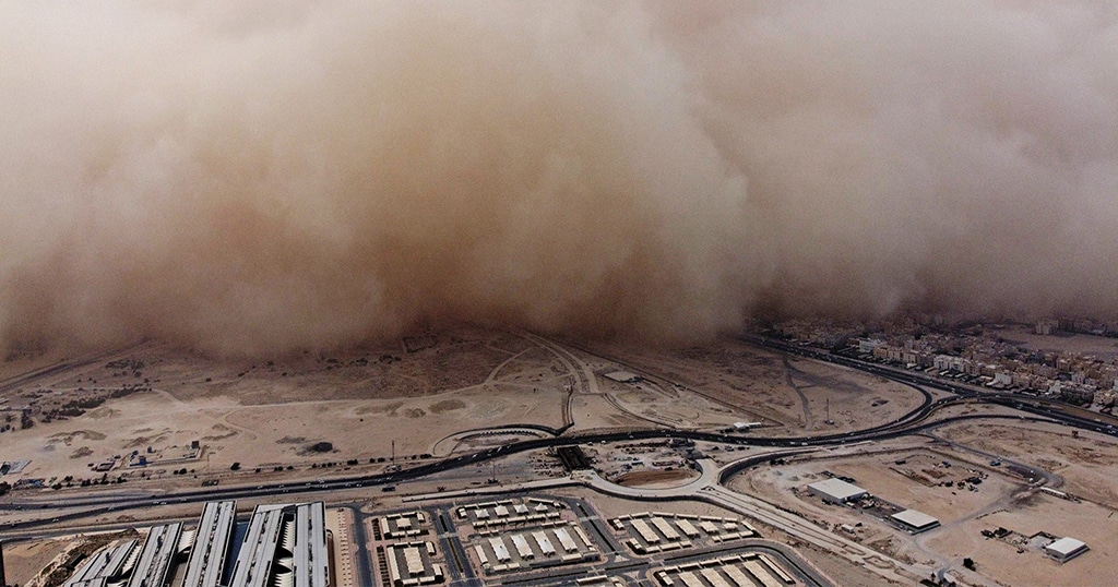 KUWAIT: An aerial view of a massive dust storm advancing into Kuwait above the Kuwait University campus in Shadadiya on May 23, 2022. - Photos by Yasser Al-Zayyat