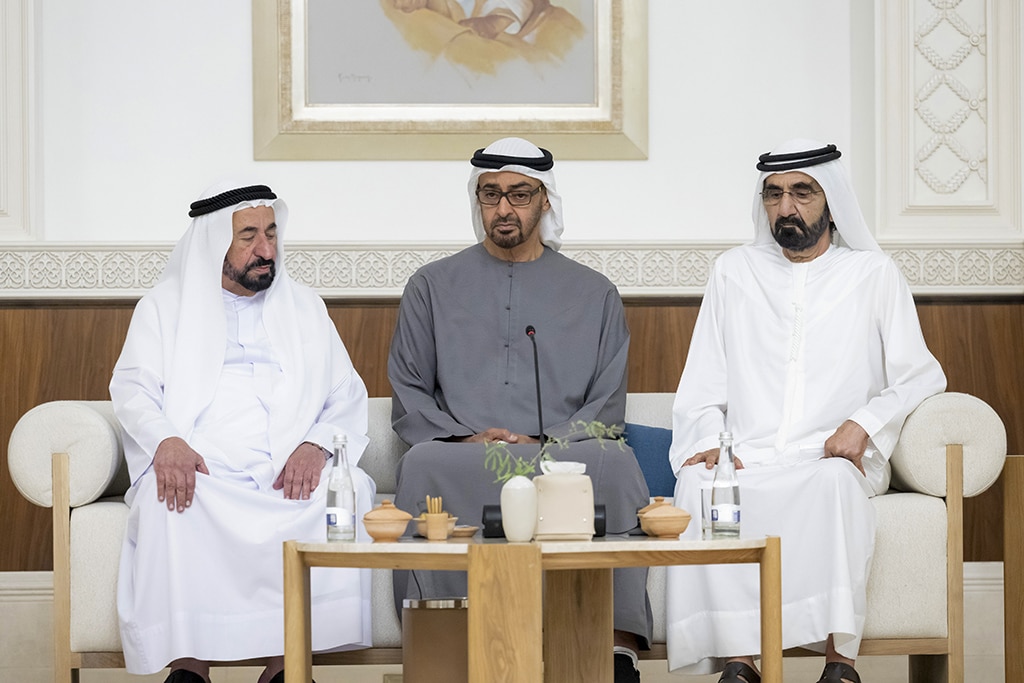 ABU DHABI: New UAE President and Ruler of Abu Dhabi Sheikh Mohamed bin Zayed Al-Nahyan (center), UAE Prime Minister and Ruler of Dubai Sheikh Mohammed bin Rashid Al-Maktoum (right) and Ruler of Sharjah Sheikh Sultan bin Mohammed Al-Qasimi attend a meeting at Mushrif Palace on May 14, 2022. – AFP