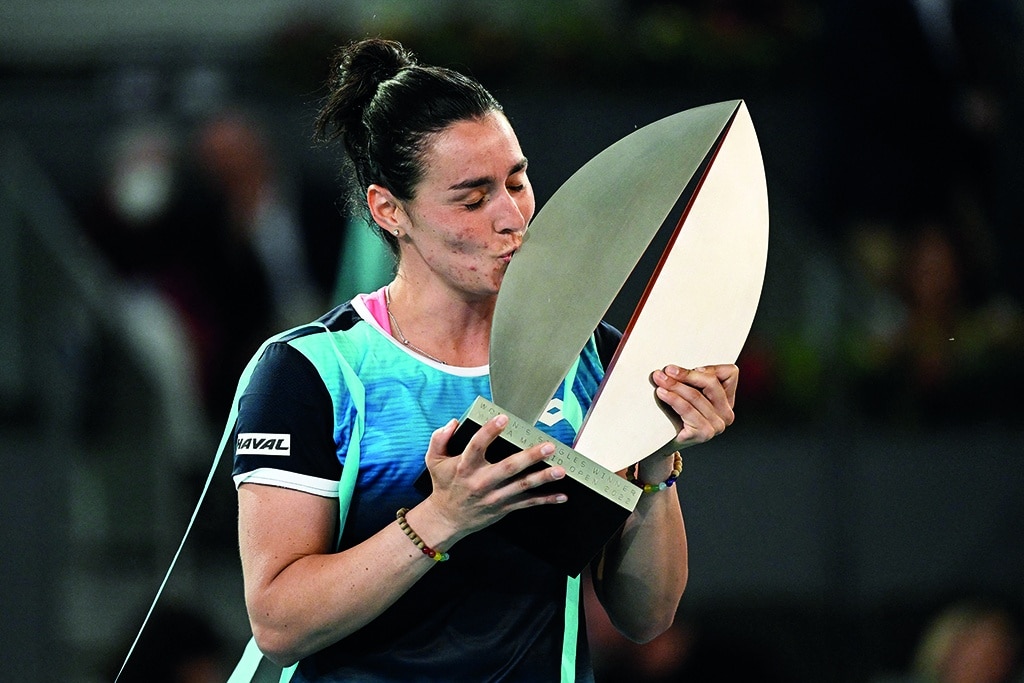 MADRID: Tunisia's Ons Jabeur kisses the trophy after winning the Madrid Open at the Caja Magica on May 7, 2022. - AFP
