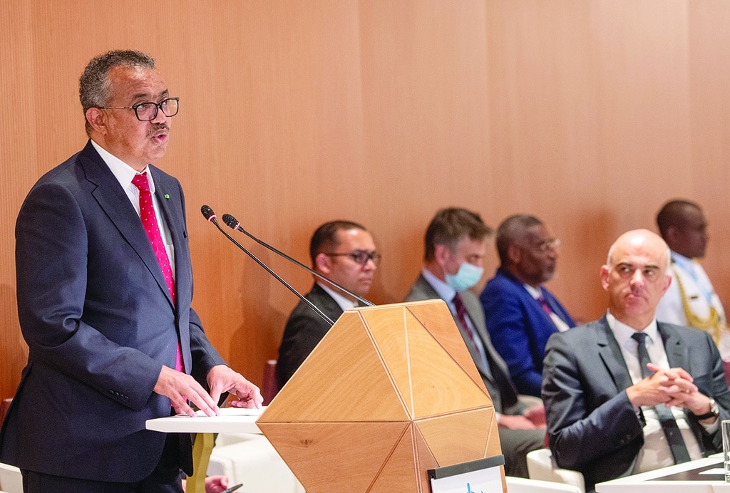 GENEVA: World Health Organisation (WHO) Director-General Tedros Adhanom Ghebreyesus delivers a speech on the opening day of 75th World Health Assembly of the World Health Organisation (WHO) in Geneva on May 22, 2022. - AFP
