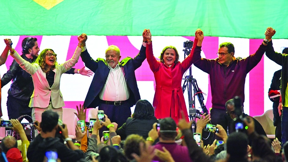 SAO PAULO, Brazil: Former Brazilian President Luiz Inacio Lula da Silva (2-L) celebrates the launch of his campaign for Brazil's October presidential election in Sao Paulo, Brazil. — AFP