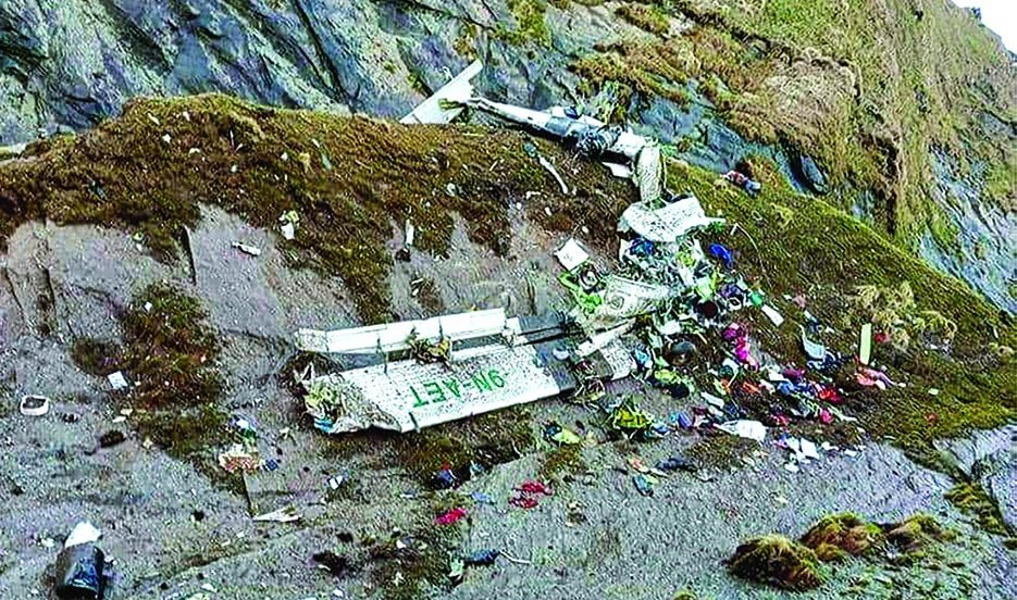 MUSTANG, Nepal: The wreckage of a Twin Otter aircraft, operated by Nepali carrier Tara Air is seen on a mountainside on May 30, 2022, a day after it crashed. – AFP