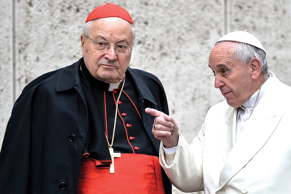 VATICAN CITY: File photo shows Pope Francis (R) speaks with Italian Cardinal Angelo Sodano, as he arrives to take part with cardinals and bishops in the Papal consistory before the nominations of new cardinals at the Vatican. — AFP