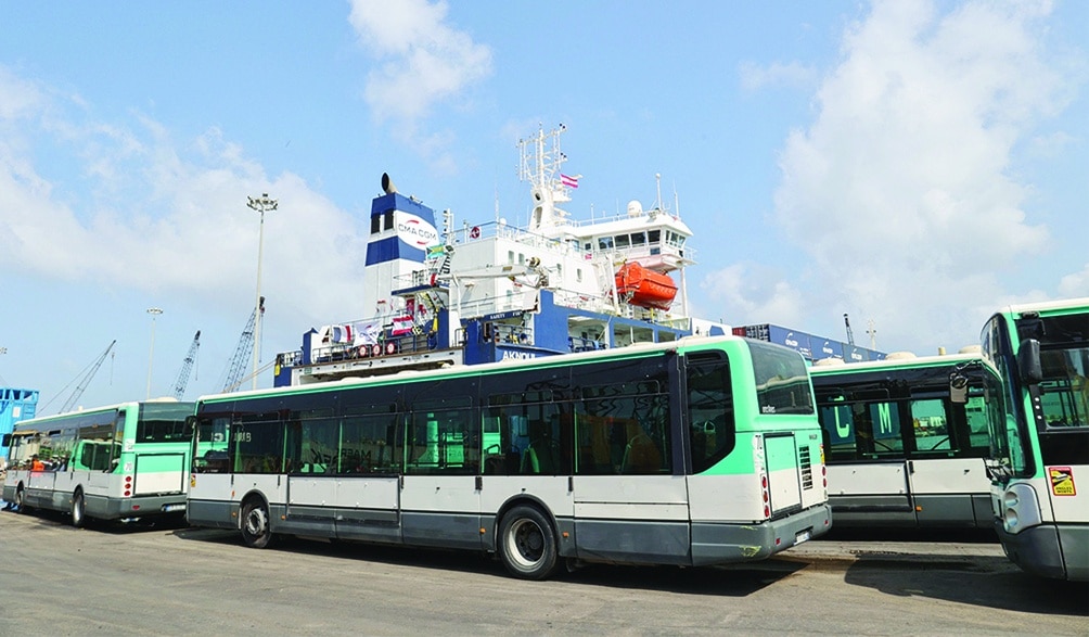 BEIRUT: A first batch of buses donated by the French government to Lebanon's public transport sector is unloaded from a cargo ship at the Beirut Port.- AFP