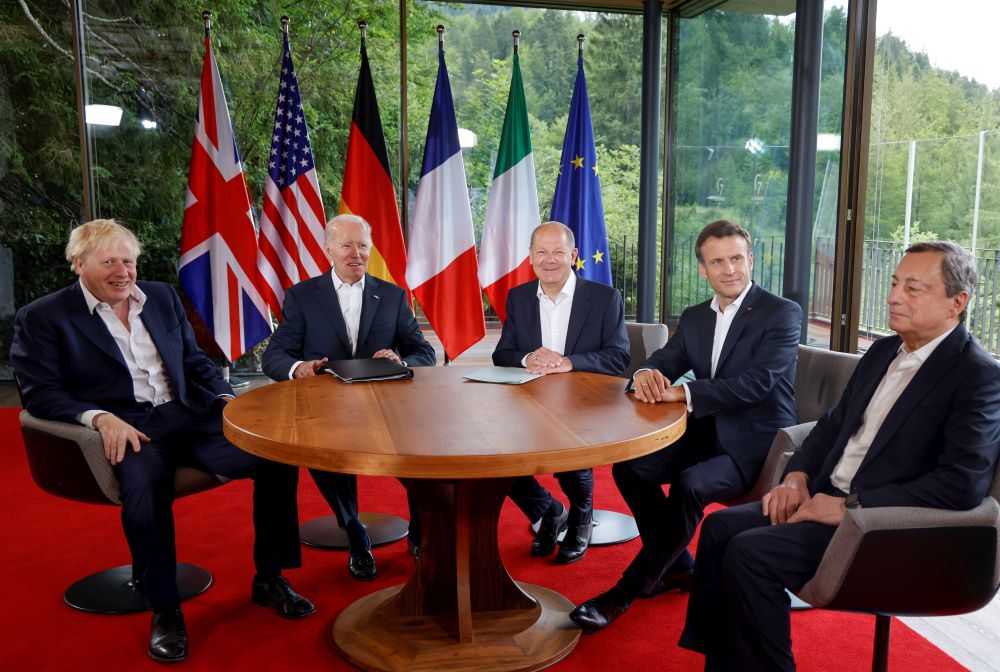 Elmau Castle: (From left) Britain's Prime Minister Boris Johnson, US President Joe Biden, German Chancellor Olaf Scholz, France's President Emmanuel Macron and Italy's Prime Minister Mario Draghi attend a meeting of five G7 leaders on June 28, 2022 at Elmau Castle, southern Germany, on the last day of the G7 Summit. - AFP