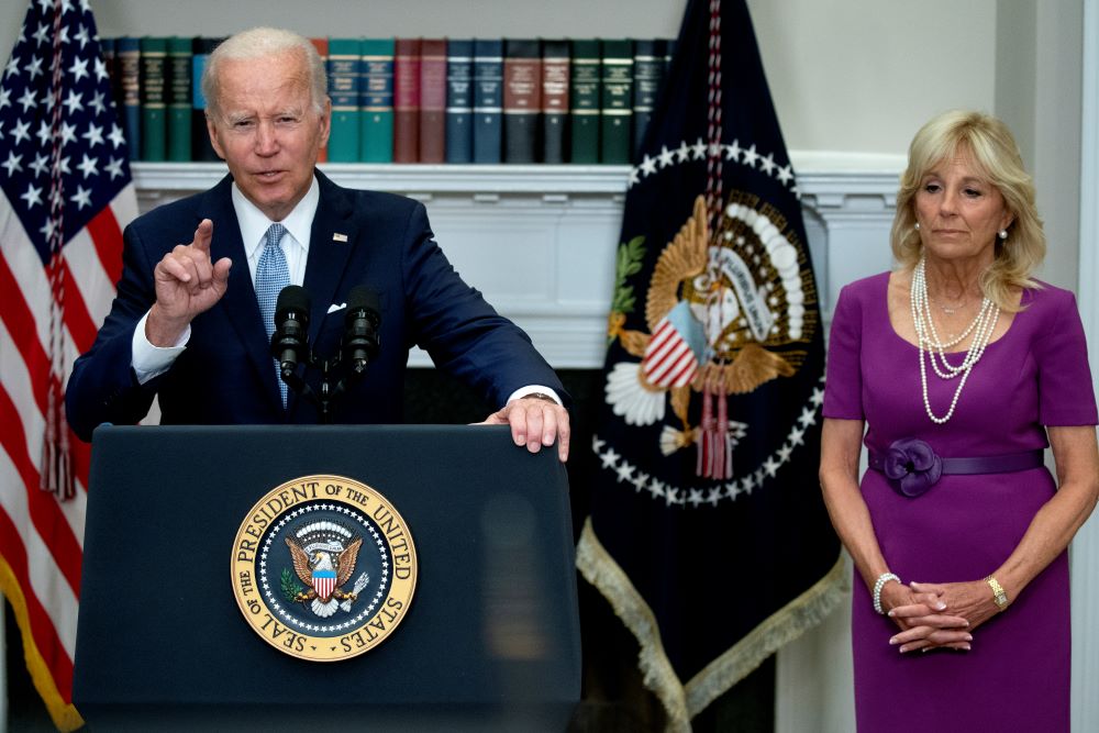 WASHINGTON: US First Lady Jill Biden looks on as US President Joe Biden delivers remarks prior to signing the Bipartisan Safer Communities Act into law, in the Roosevelt Room of the White House in Washington, DC, on June 25, 2022. - AFP